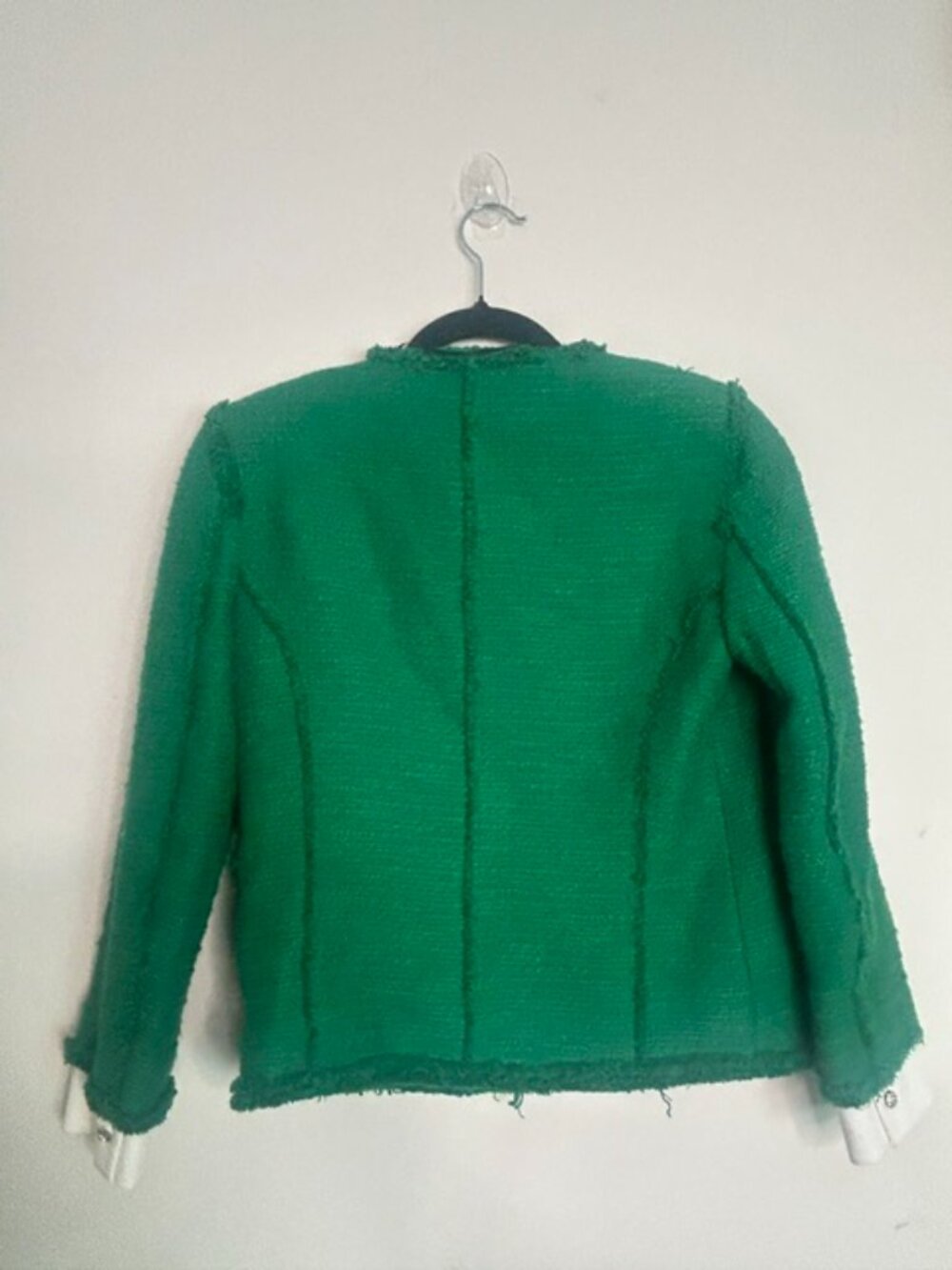 Zara Lush Green Tweed Jeweled Rhinestone Buttons Raw Fringe Trim Lined Jacket - Picture 16 of 16